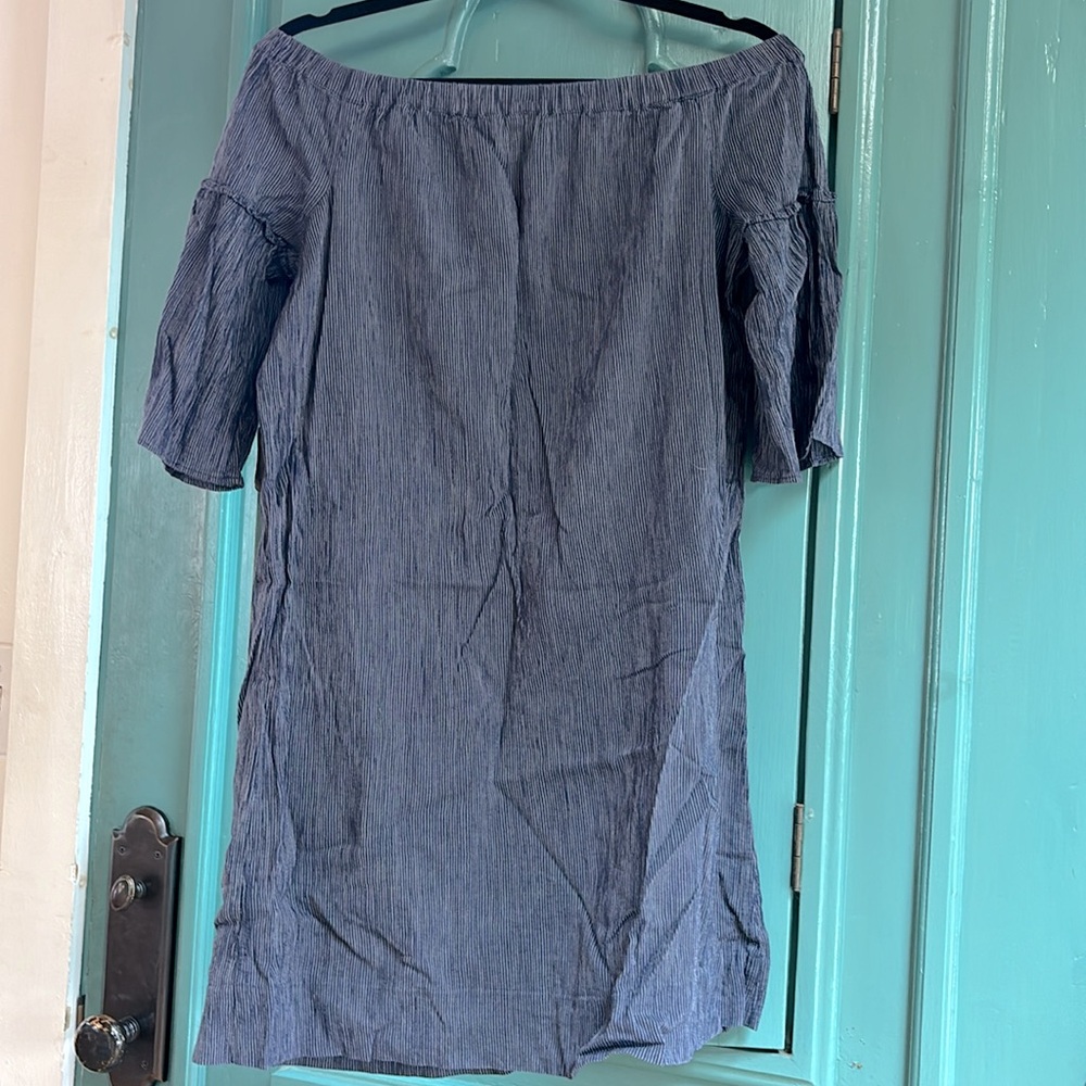 Madewell Off Shoulder Bell Sleeve Blue Striped Crinkle Dress Womens Sz 8